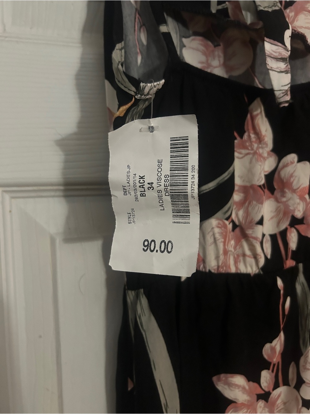 Black Midi Dress with Pink Floral Print and Smocked Waist